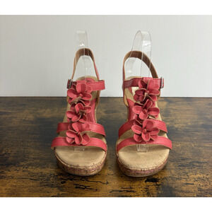 Born Evita Wedge Sandal Womens Sz‎ 8M Coral Pink Leather Rosette Boho Peasant